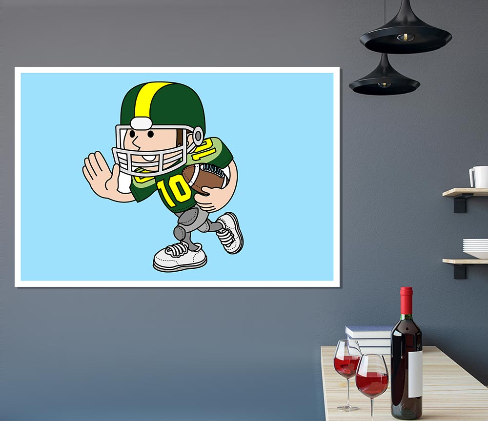 A vibrant baby blue poster featuring an American football player in action, printed on high-quality canvas.