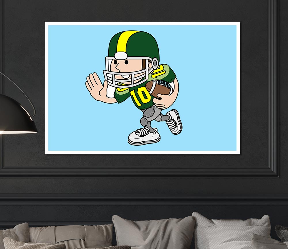 A vibrant baby blue poster featuring an American football player in action, printed on high-quality canvas.
