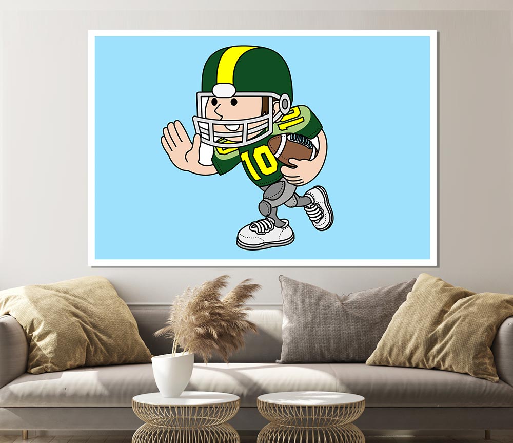 A vibrant baby blue poster featuring an American football player in action, printed on high-quality canvas.
