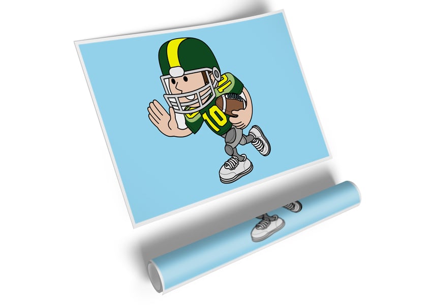 A vibrant baby blue poster featuring an American football player in action, printed on high-quality canvas.