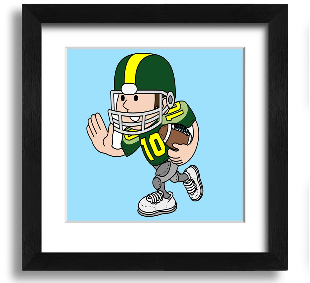 A square framed print featuring a baby blue American football player, showcasing vibrant colors and quality craftsmanship.