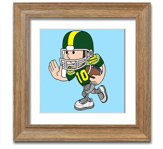A square framed print featuring a baby blue American football player, showcasing vibrant colors and quality craftsmanship.