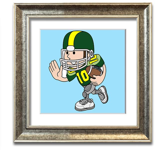 A square framed print featuring a baby blue American football player, showcasing vibrant colors and quality craftsmanship.