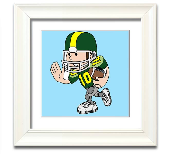 A square framed print featuring a baby blue American football player, showcasing vibrant colors and quality craftsmanship.