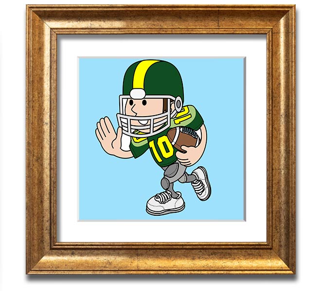 A square framed print featuring a baby blue American football player, showcasing vibrant colors and quality craftsmanship.