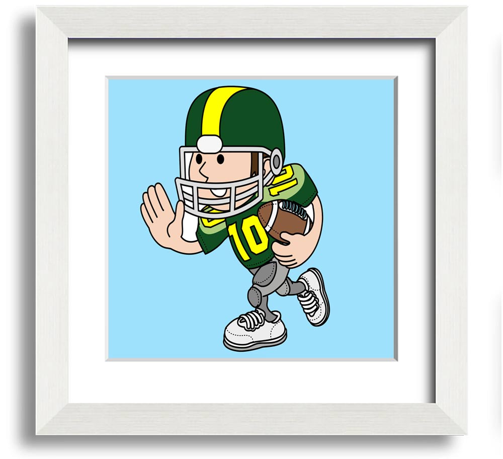 A square framed print featuring a baby blue American football player, showcasing vibrant colors and quality craftsmanship.