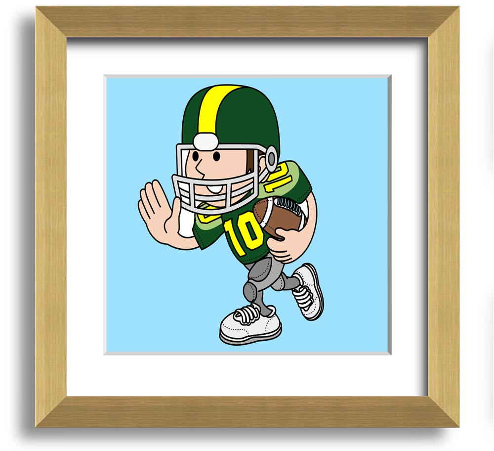 A square framed print featuring a baby blue American football player, showcasing vibrant colors and quality craftsmanship.