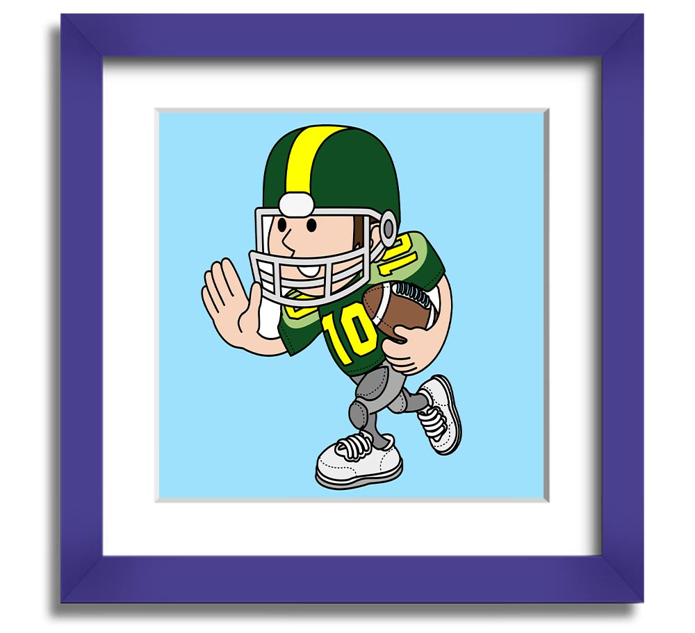 A square framed print featuring a baby blue American football player, showcasing vibrant colors and quality craftsmanship.