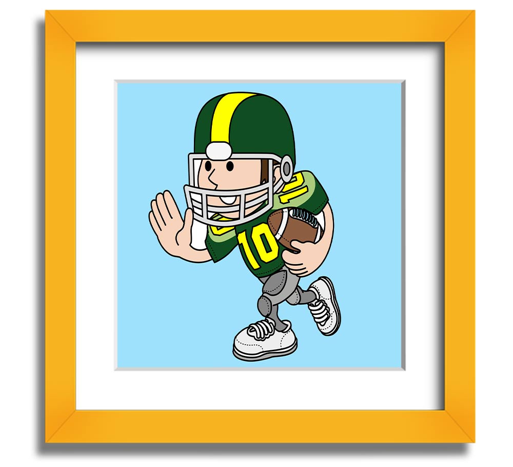 A square framed print featuring a baby blue American football player, showcasing vibrant colors and quality craftsmanship.