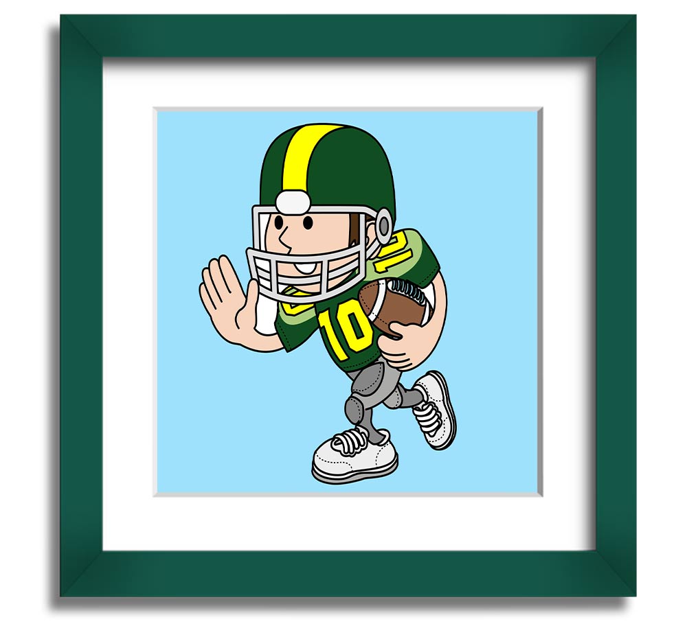 A square framed print featuring a baby blue American football player, showcasing vibrant colors and quality craftsmanship.