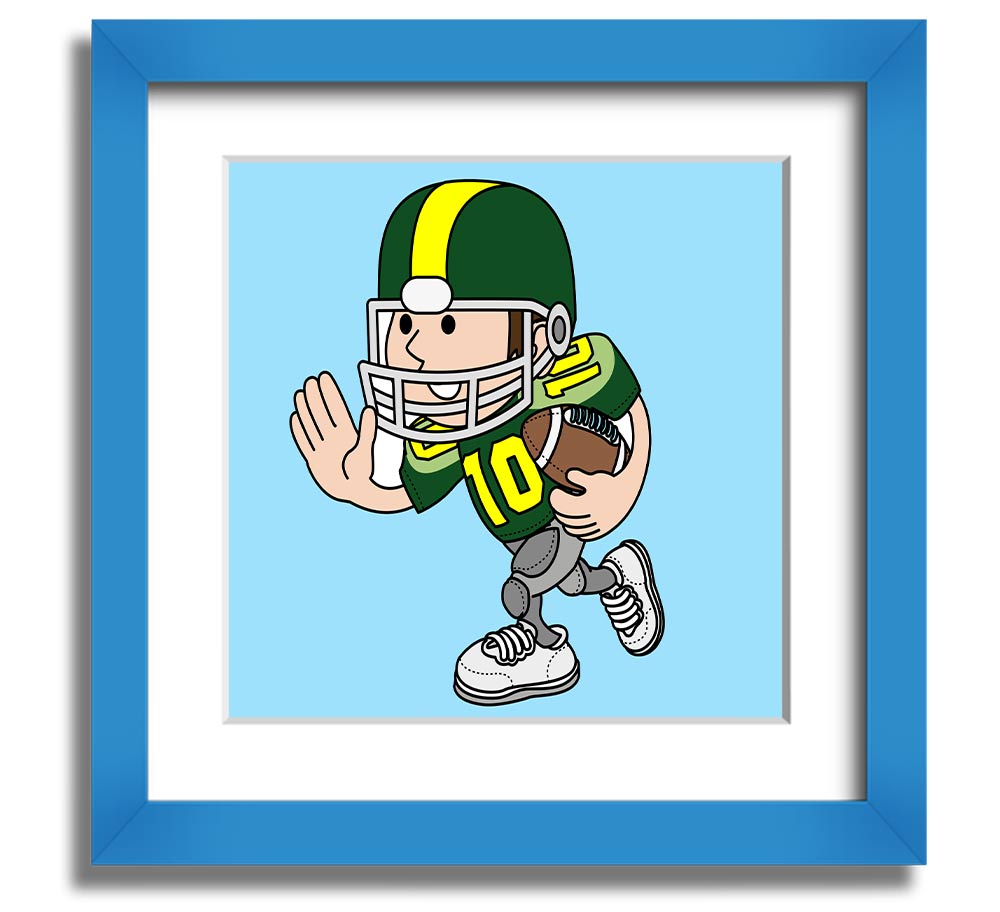 A square framed print featuring a baby blue American football player, showcasing vibrant colors and quality craftsmanship.