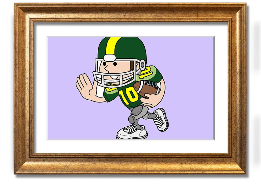 Framed print of an American football player in lilac color, showcasing athleticism and style.
