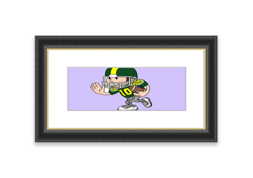 Framed print of an American football player in lilac background, handmade in the UK.