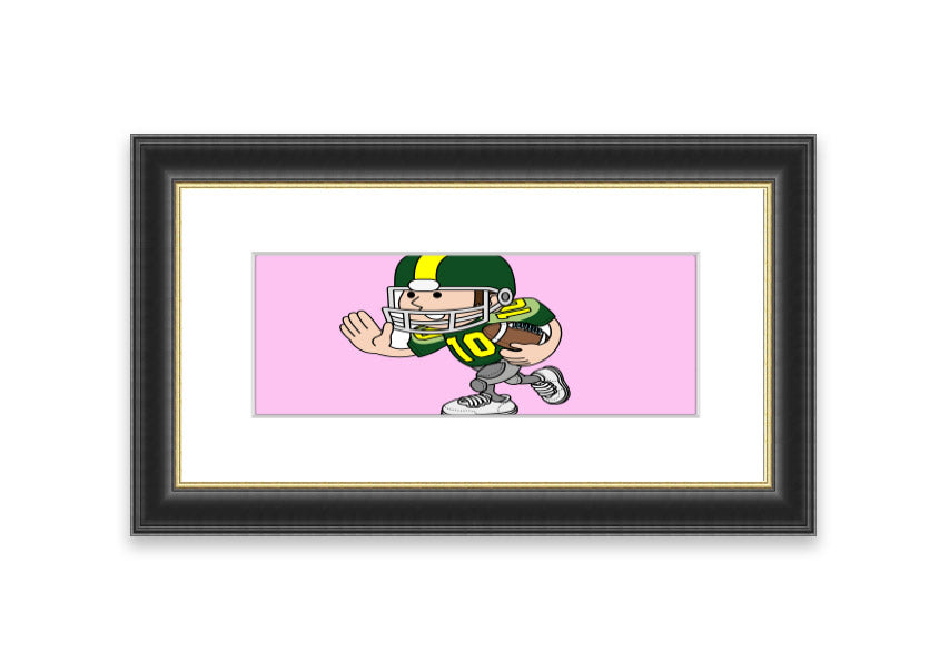 Framed print of an American football player in pink, showcasing dynamic action and vibrant colors.