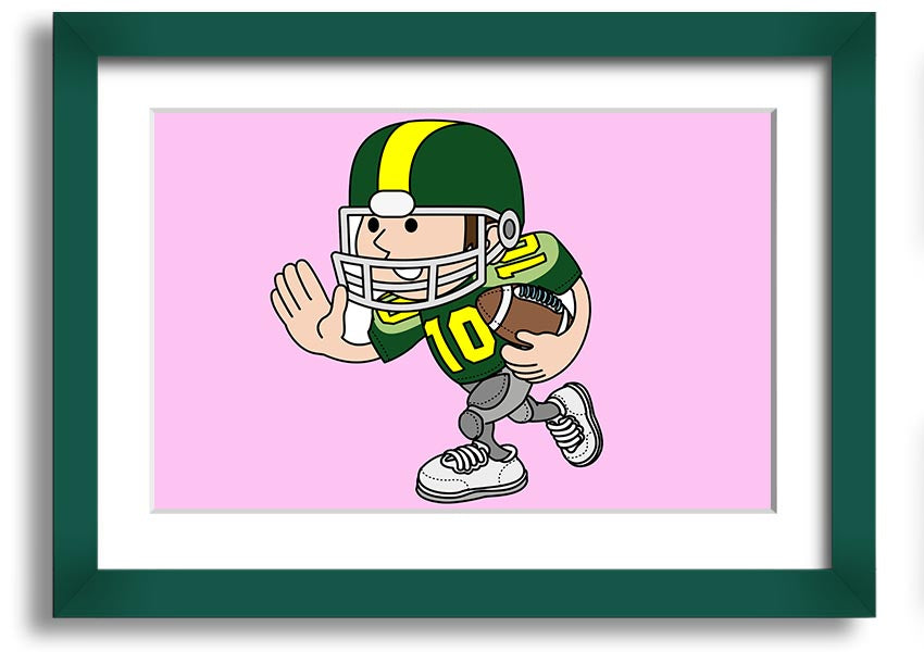 Framed print of an American football player in pink, showcasing dynamic action and vibrant colors, ready to hang.