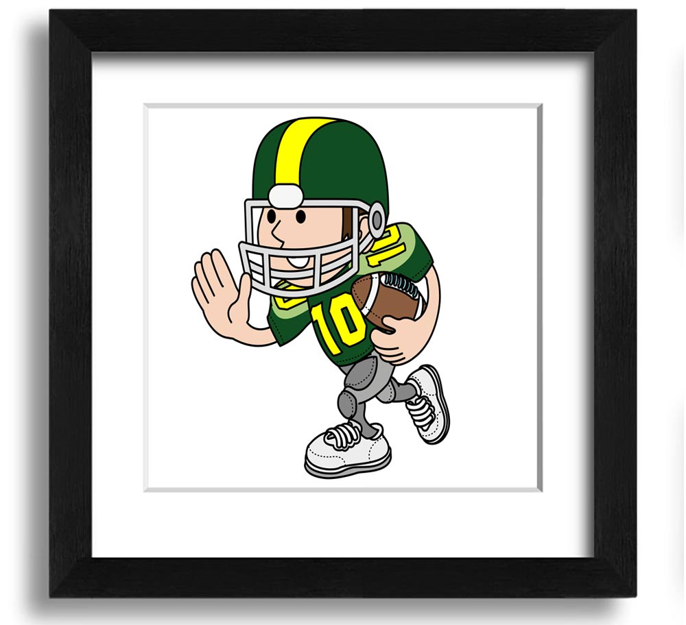 A square framed print featuring an American football player in action, showcasing dynamic movement and energy, framed in a stylish white frame.