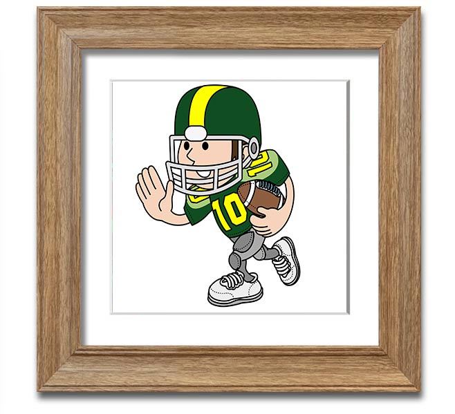 A square framed print featuring an American football player in action, showcasing dynamic movement and energy, framed in a stylish white frame.