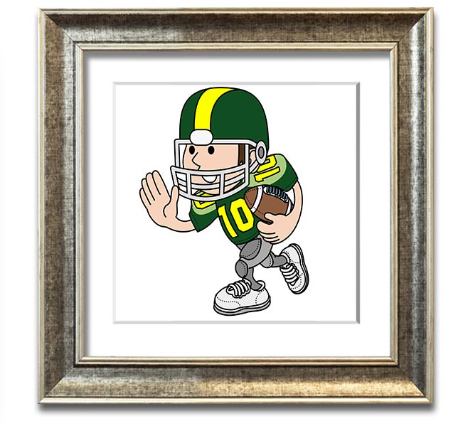 A square framed print featuring an American football player in action, showcasing dynamic movement and energy, framed in a stylish white frame.