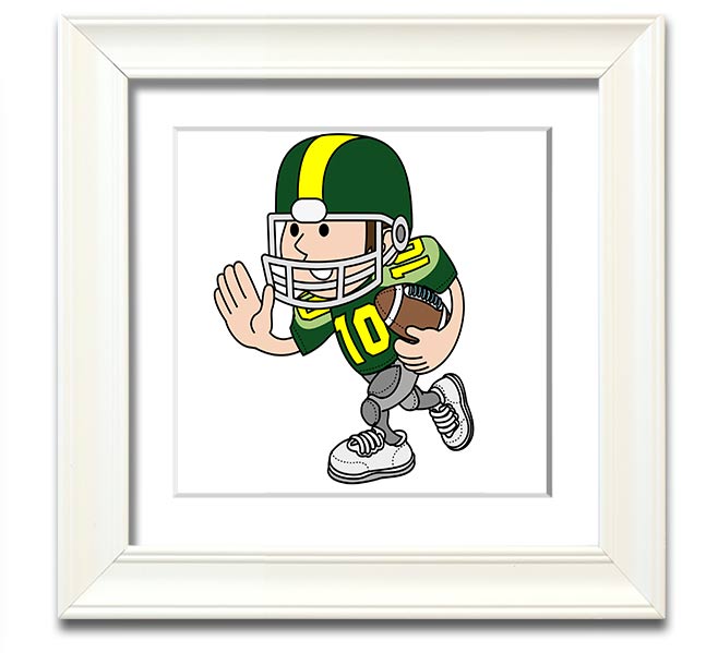 A square framed print featuring an American football player in action, showcasing dynamic movement and energy, framed in a stylish white frame.