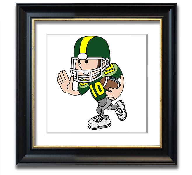 A square framed print featuring an American football player in action, showcasing dynamic movement and energy, framed in a stylish white frame.