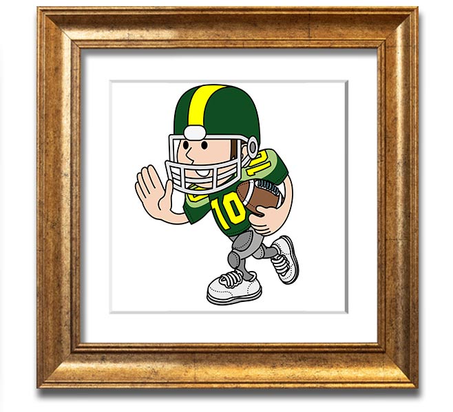 A square framed print featuring an American football player in action, showcasing dynamic movement and energy, framed in a stylish white frame.
