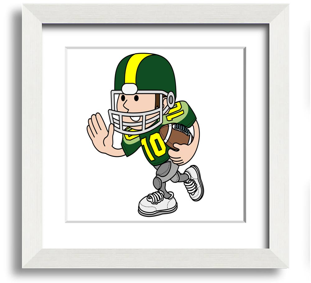 A square framed print featuring an American football player in action, showcasing dynamic movement and energy, framed in a stylish white frame.
