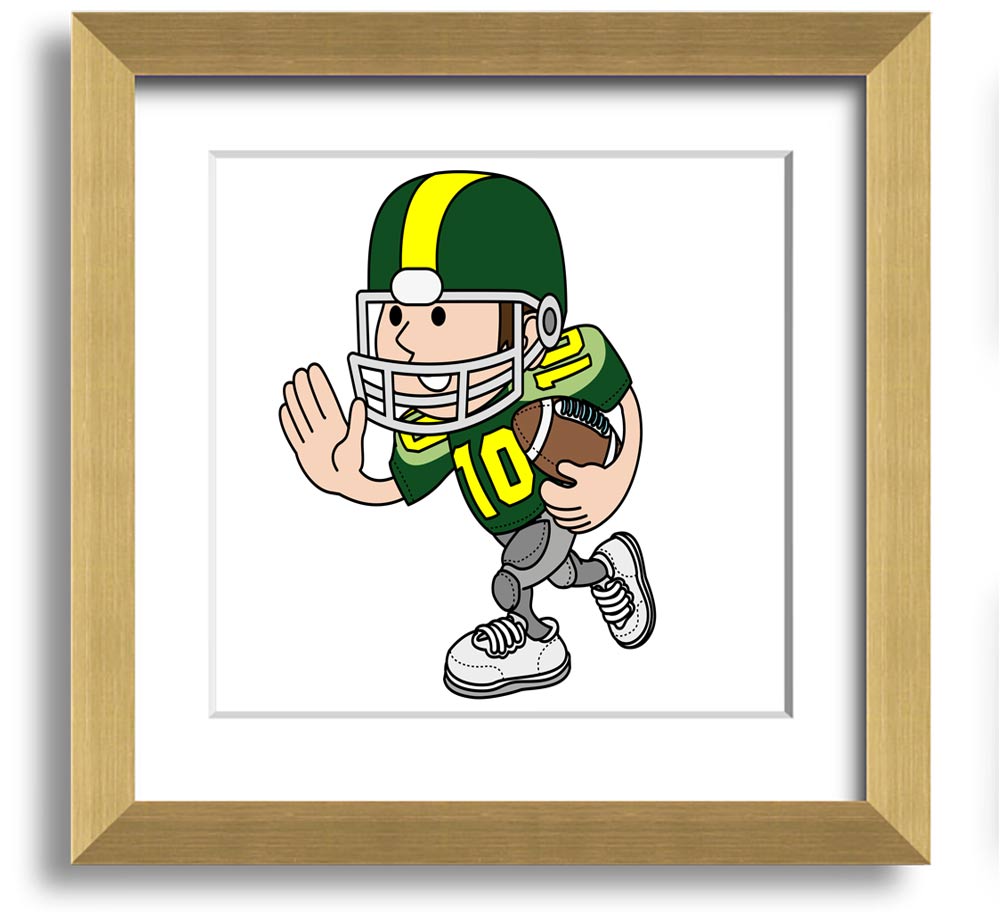 A square framed print featuring an American football player in action, showcasing dynamic movement and energy, framed in a stylish white frame.