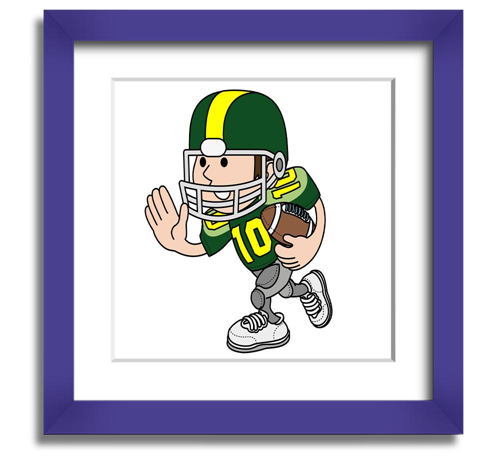 A square framed print featuring an American football player in action, showcasing dynamic movement and energy, framed in a stylish white frame.