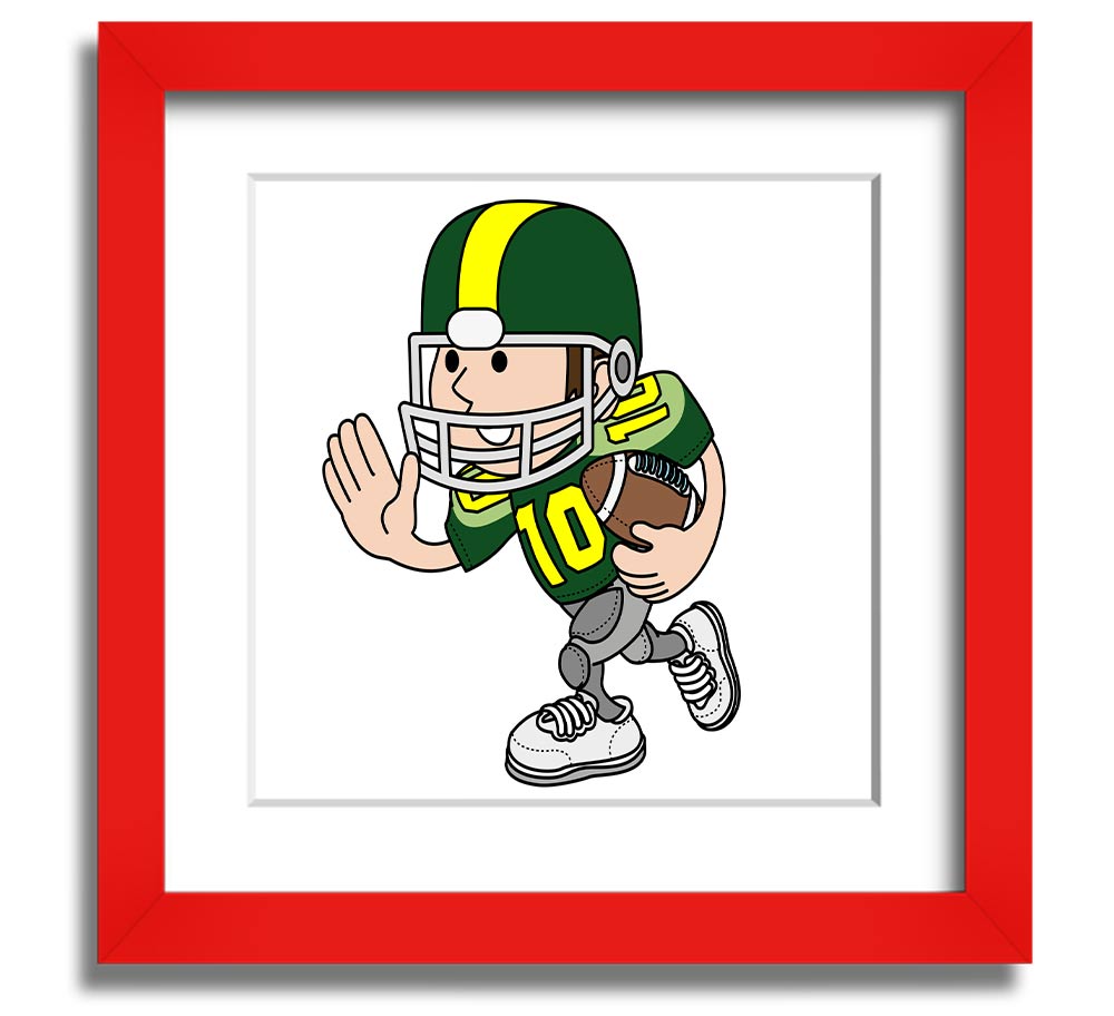 A square framed print featuring an American football player in action, showcasing dynamic movement and energy, framed in a stylish white frame.