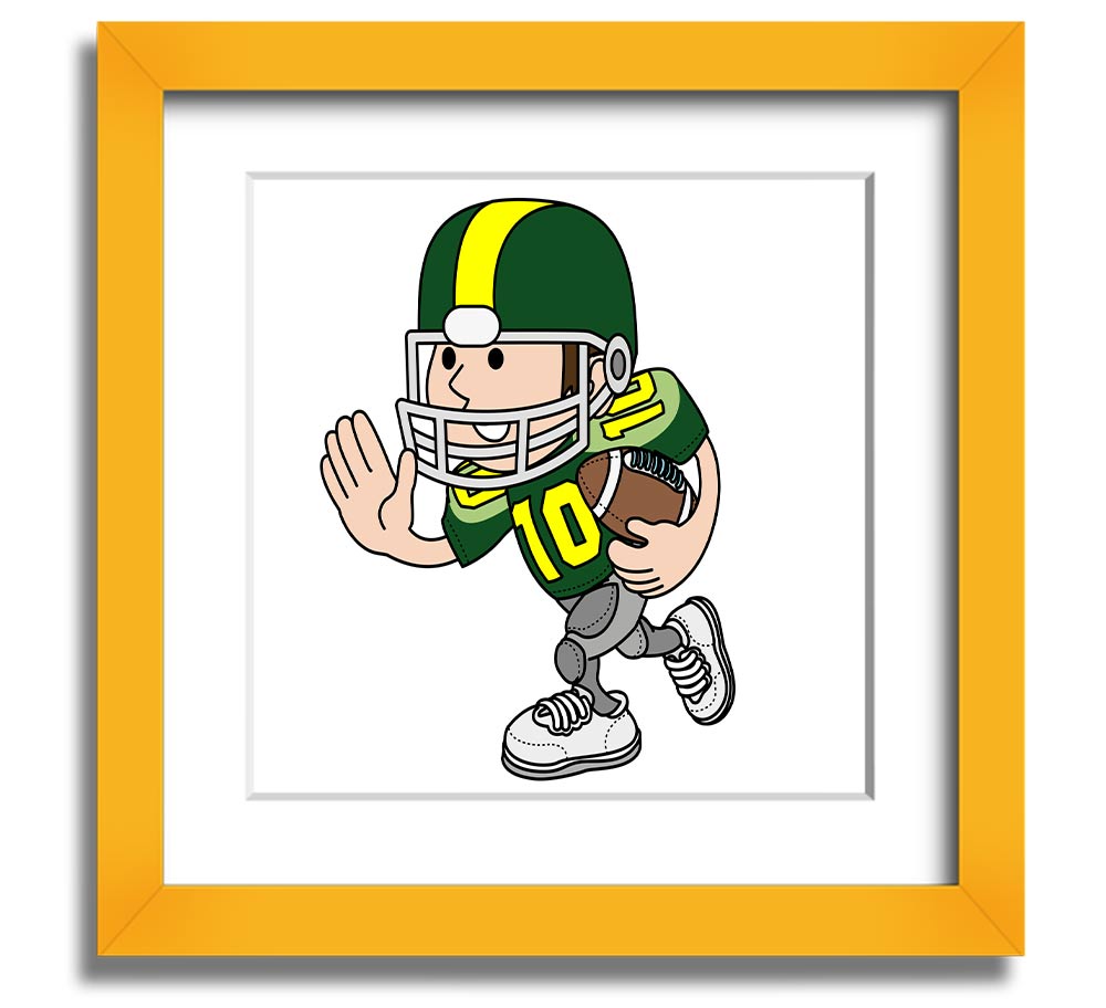 A square framed print featuring an American football player in action, showcasing dynamic movement and energy, framed in a stylish white frame.