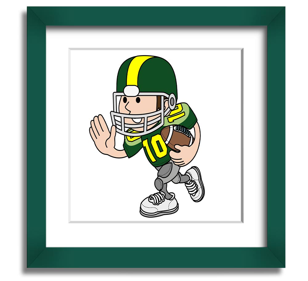 A square framed print featuring an American football player in action, showcasing dynamic movement and energy, framed in a stylish white frame.