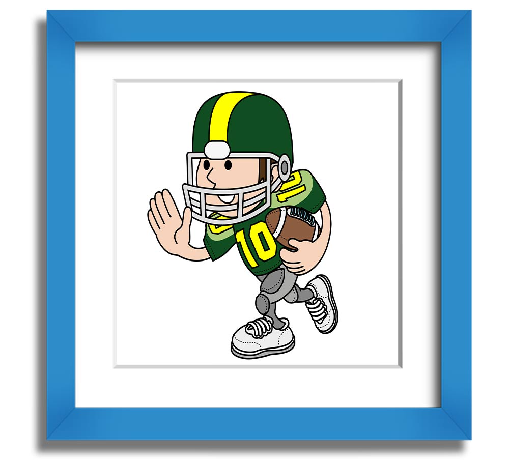 A square framed print featuring an American football player in action, showcasing dynamic movement and energy, framed in a stylish white frame.