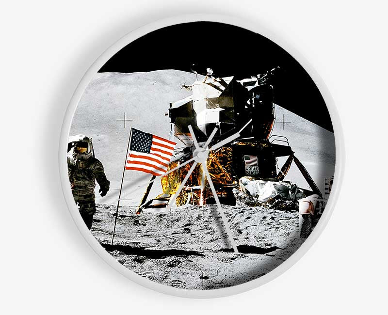 American Moon Landing clock made from natural bamboo with a round face and clear Plexiglas lens, available in black, white, and natural frame colors.