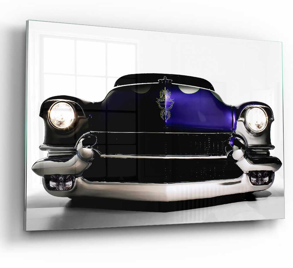 A vibrant purple glass print featuring an American muscle car, showcasing modern art style.