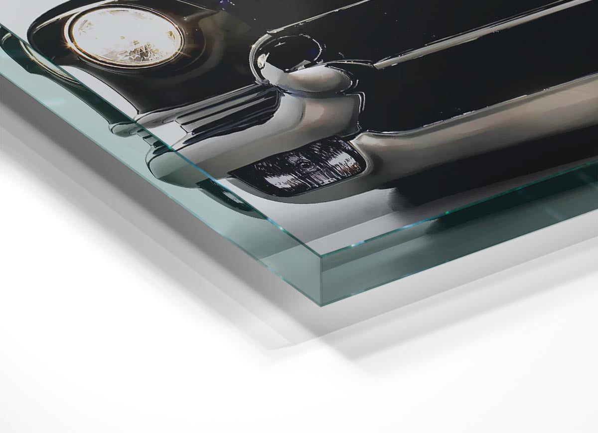 A vibrant purple glass print featuring an American muscle car, showcasing modern art style.