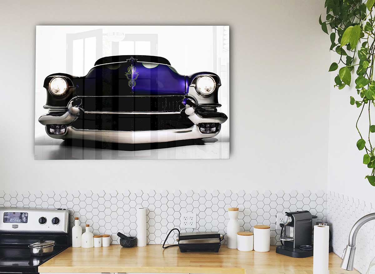 A vibrant purple glass print featuring an American muscle car, showcasing modern art style.