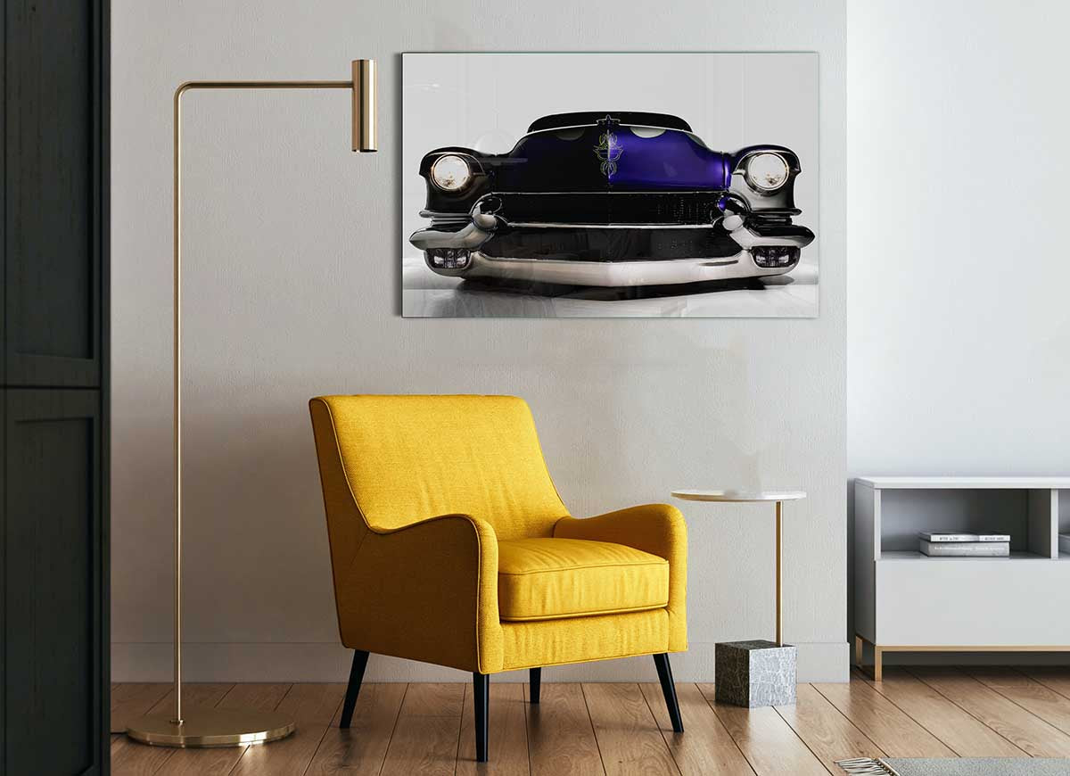 A vibrant purple glass print featuring an American muscle car, showcasing modern art style.