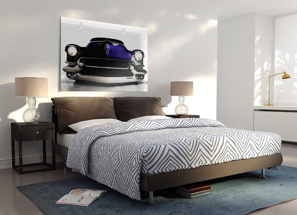 A vibrant purple glass print featuring an American muscle car, showcasing modern art style.
