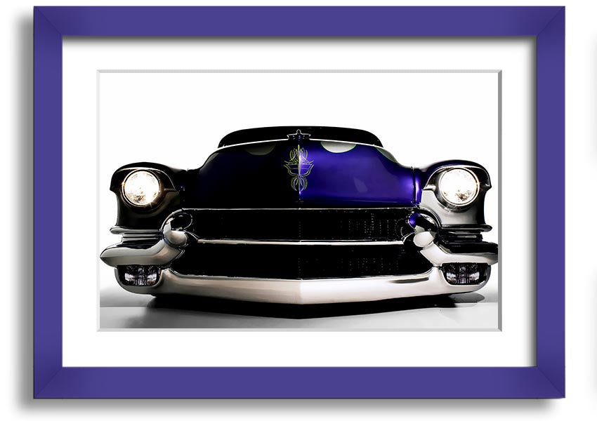 Framed print of a purple American muscle car, showcasing vibrant colors and detailed design, ready to hang.