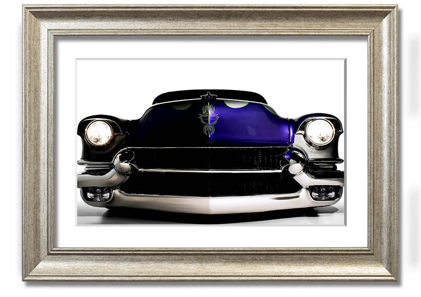 Framed print of a purple American muscle car, showcasing vibrant colors and detailed design, ready to hang.