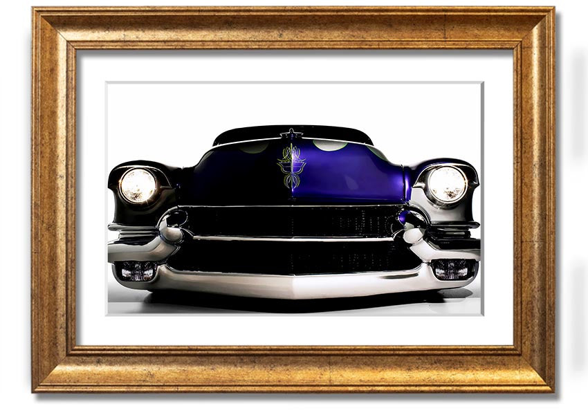 Framed print of a purple American muscle car, showcasing vibrant colors and detailed design, ready to hang.
