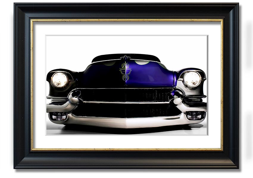 Framed print of a purple American muscle car, showcasing vibrant colors and detailed design, ready to hang.