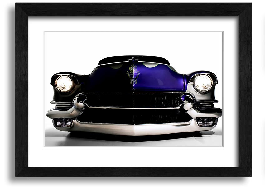 Framed print of a purple American muscle car, showcasing vibrant colors and detailed design, ready to hang.