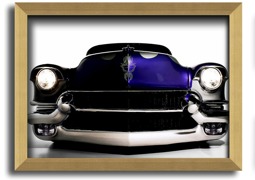 Framed print of a purple American muscle car, showcasing vibrant colors and detailed design, ready to hang.