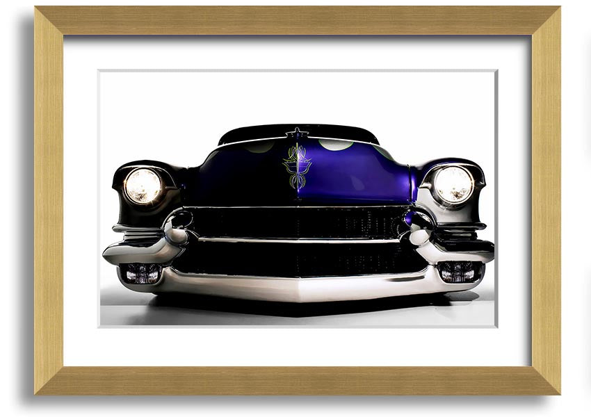 Framed print of a purple American muscle car, showcasing vibrant colors and detailed design, ready to hang.