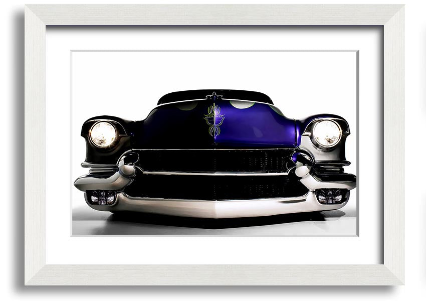 Framed print of a purple American muscle car, showcasing vibrant colors and detailed design, ready to hang.
