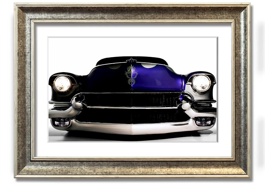 Framed print of a purple American muscle car, showcasing vibrant colors and detailed design, ready to hang.