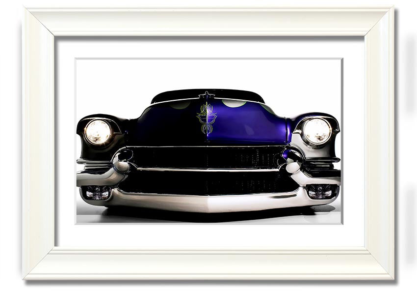 Framed print of a purple American muscle car, showcasing vibrant colors and detailed design, ready to hang.