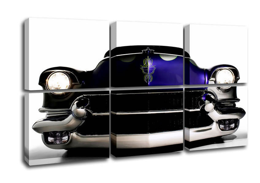 Vibrant purple canvas art featuring an American muscle car, mounted on a sturdy frame, ready to hang.