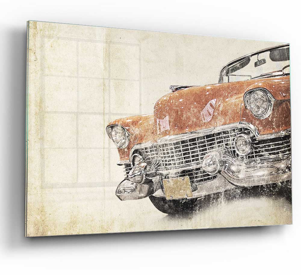 A vibrant watercolour glass print of an American muscle car, showcasing its sleek design and colorful details.